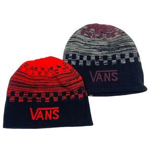 Vans Off The Wall Boys Beanie Skull Cap Red Black Checkered Hat Cotton Lot of 2